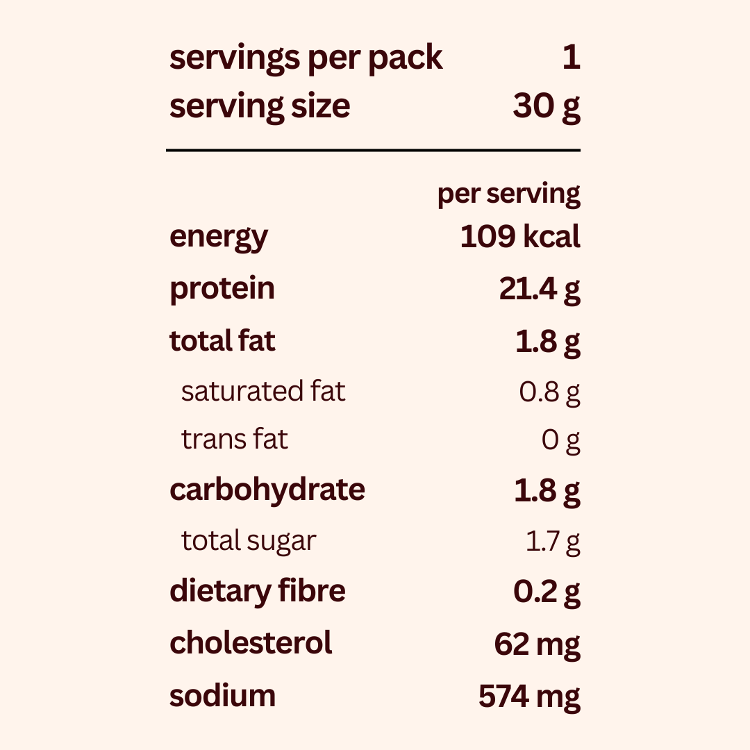 Nutritional information label for arthur's jerky, beef jerky crisps (original) on a white background; 21.4g protein for 109kcal.