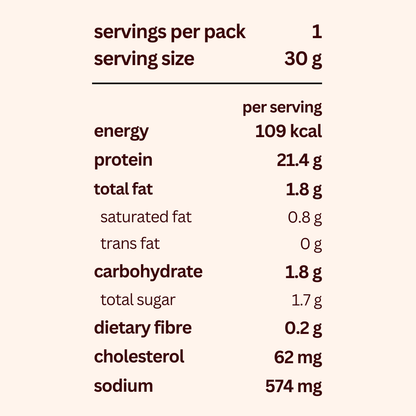 Nutritional information label for arthur's jerky, beef jerky crisps (original) on a white background; 21.4g protein for 109kcal.